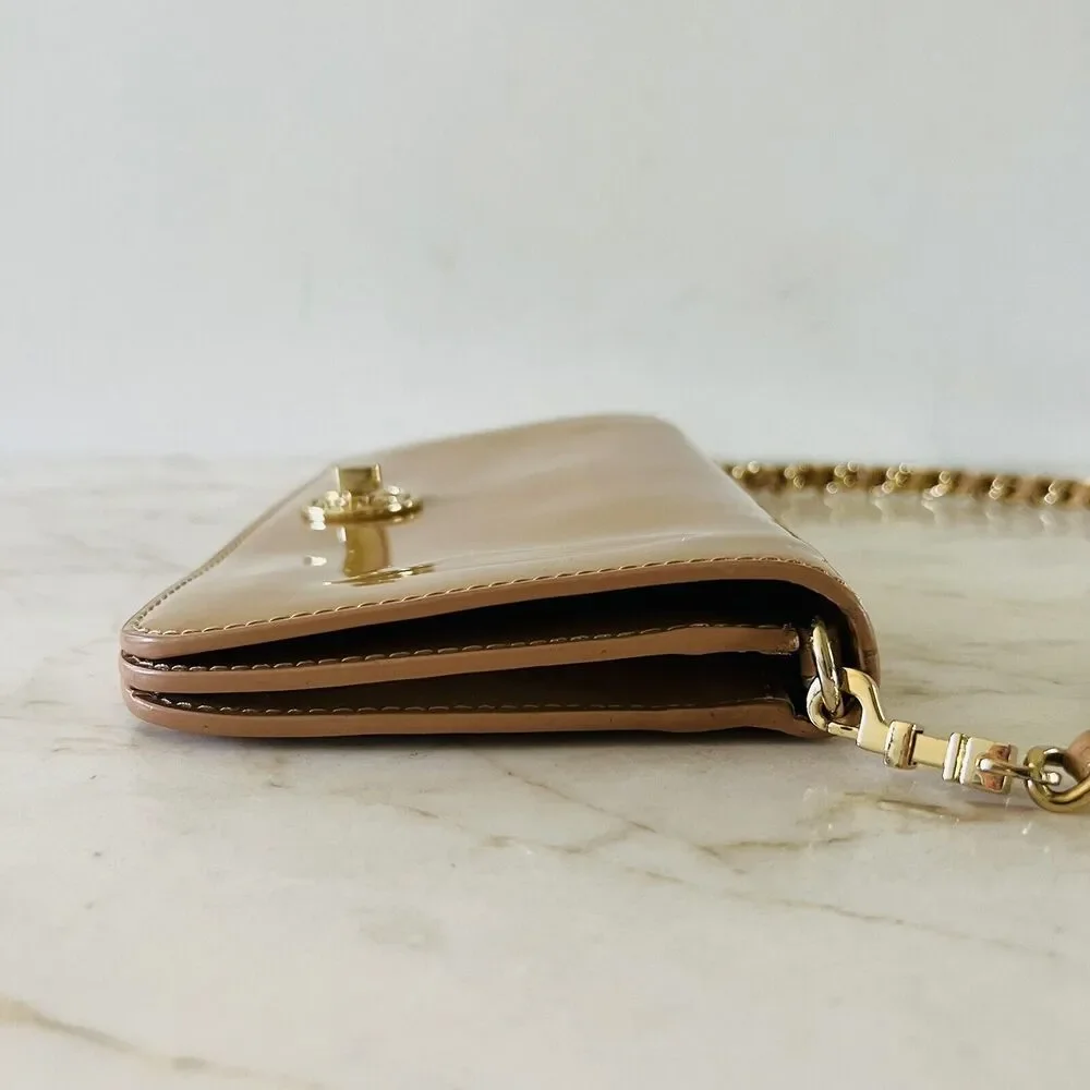 TORY BURCH Tan Patent Leather Gold Braided Chain Strap Clutch Shoulder Bag